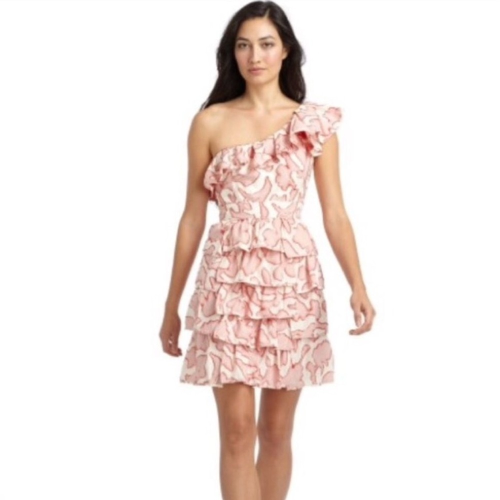 Woman CYNTHIA STEFFE Red White Print One Shoulder Ruffle Dress Sz 8 EUC USA
